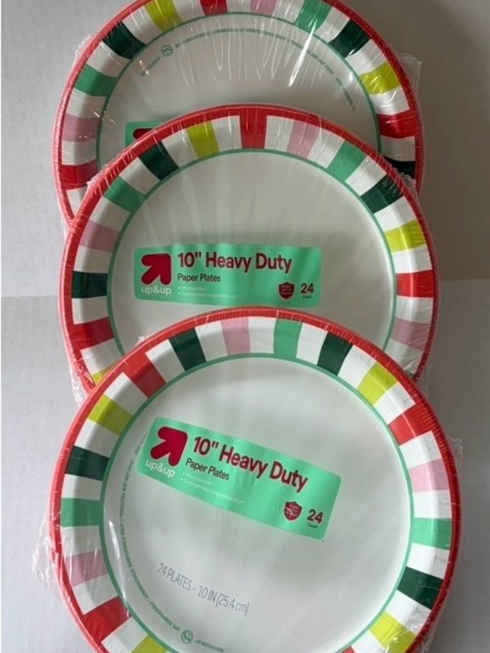 up & up 10" Heavy Duty Paper Plates - Festive Red, Green, Yellow Stripe (24 ct)